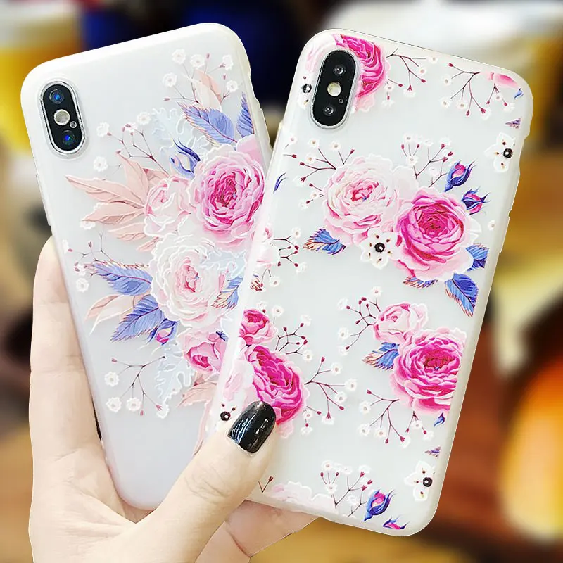 Phone Case For iPhone 7 8 Plus Soft TPU 3D Relief Floral Protective Cover X 6S 6 Girly Full Coverage |