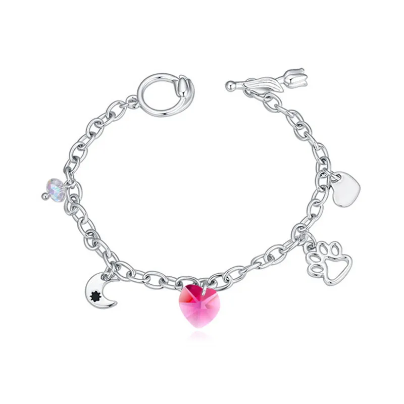 Nouveau Design Coeur Charmes Cristal de Swarovski Femmes De Mode Lune Pendentifs Éléments Bracelets Or Blanc Plaqué Chaîne Bijou.