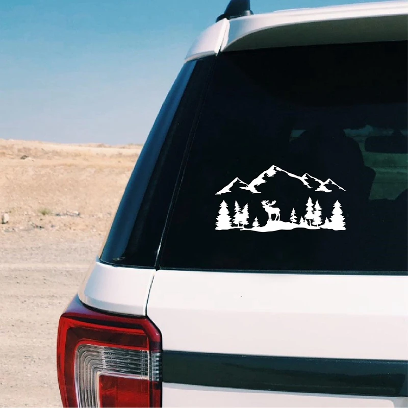 For SUV RV Camper Offroad Moose Trees Forest Mountain Silhouette Vinyl Art Sticker Car Decor Outdoors Hiking Decals Decoration fluorescent stickers