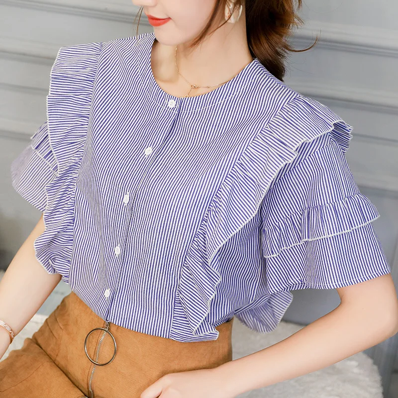 

Summer 2019 Korean Casual Women Shirt Short Sleeve Ruffles Shirt Elegant Office Women Slim Chiffon Blouse Ladies Streetwear Tops