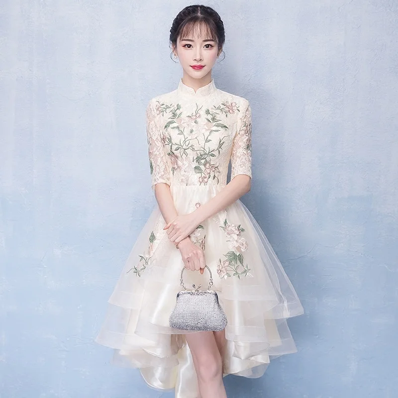 Платья Cheongsam для выпускного вечера с рукавом три четверти и цветочной вышивкой, официальное платье средней длины 8 класса, выпускные платья TS063
