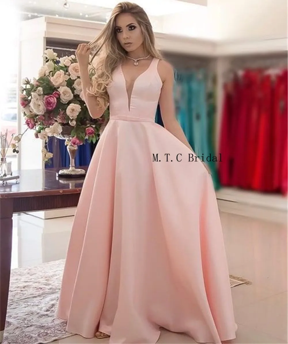 Высокое качество розовый длинные платья для выпускного вечера V шеи Line этаж Длина Элегантный Формальные Дешевые вечерние платья Свадебная вечеринка платье
