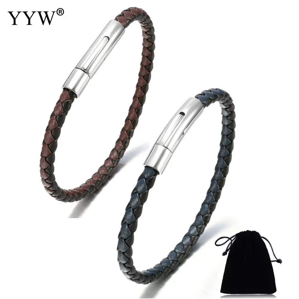 Leather Men Bracelet Cowhide Braid Bracelets & Bangles Stainless Steel