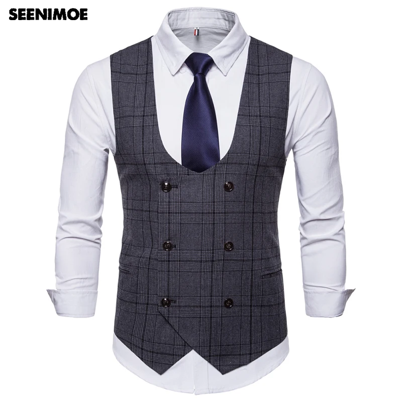 Seenimoe Mens Stripe Plaid Formal Blazer Vests Casual Double Breasted O