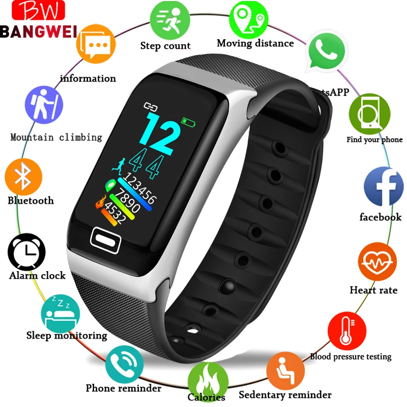 

2019 BANGWEI Fitness Smart Sports Watch Mens Heart Rate Blood Pressure Detection Pedometer Tracker Smart Watch For Android IOS