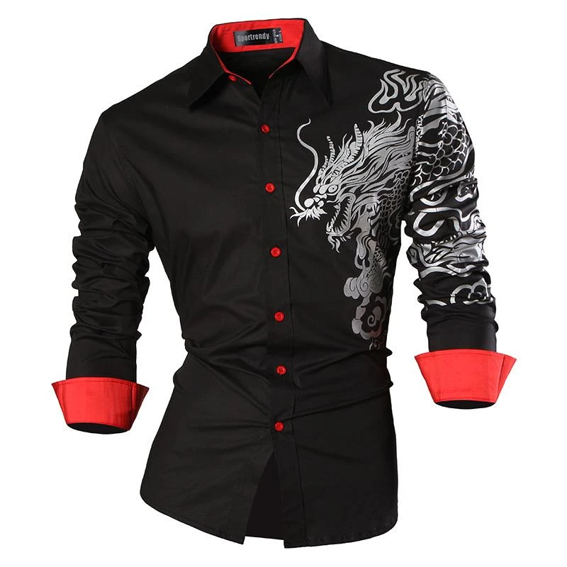 Sportrendy Men's Shirt Dress Casual Long Sleeve Slim Fit Fashion Dragon ...