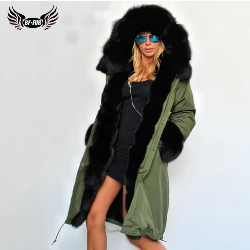 

ArmyGreen Russian Fur Coats Real Fur Parka Hooded Capped Woman Winter 2019 Whole Skin Denim Fur Jackets Fox Coat Natural Fur
