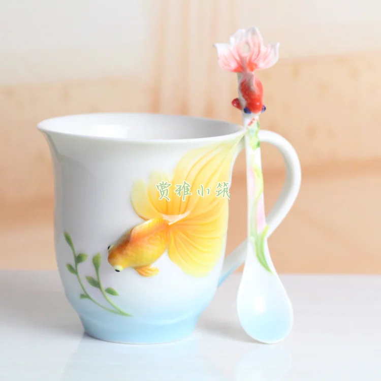 

Colored Enamel Coffee Mugs Set Porcelain Tea Milk Cup Creative Fish/ Calla /Sakura bird Drinkware