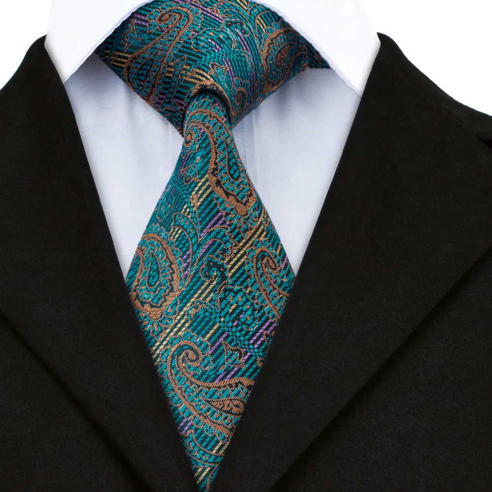 Dark Green Tie Teal Brown Paisley Handmade 100/% Silk Wedding Necktie 8cm Width