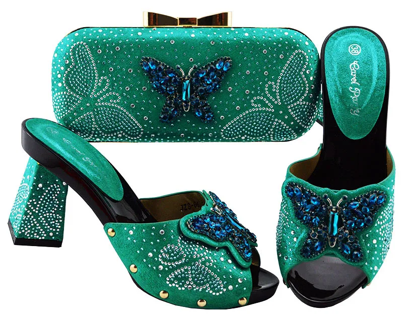 

New arrival teal green butterfly shoes and bag matching set italy design newest shoes matching bag for african aso ebi SB8283-2