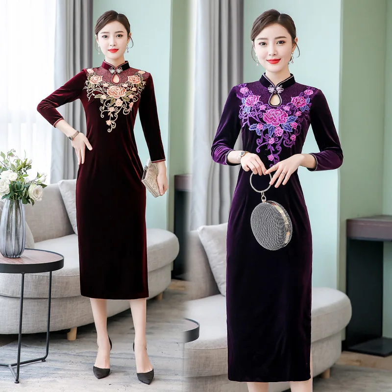 

Large size M-5XL 2019 new spring gold velvet women's embroidery cheongsam banquet dress high quality fashion elegant vestidos