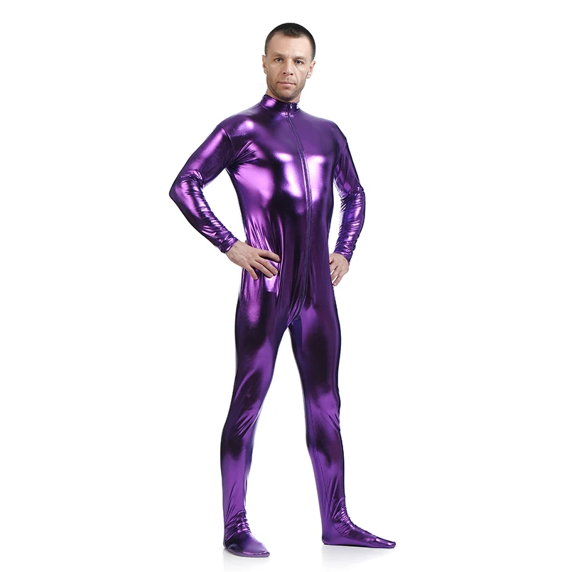 24h мужские блестящие экзотические комбинезоны с металлическими ножками зентай на молнии Боди для танцев с капюшоном можно добавить молнии - Цвет: Purple
