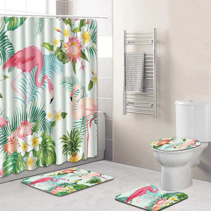 

4pcs/set Flamingo Pattern Shower Curtain Pedestal Rug Lid Toilet Cover Mat Bath Mat Set Bathroom Curtains with 12 Hooks