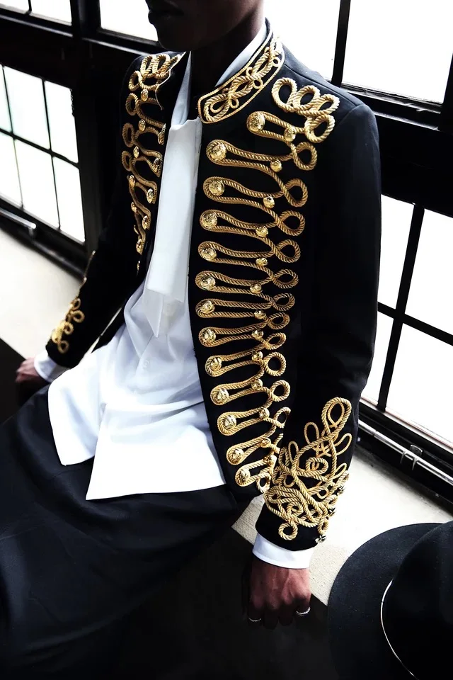 M-4XL Men blazer black golden embroidery coat Jacket Bar Male DJ Singer Slim Coat Stage Costume Plus Size