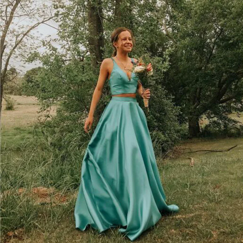 

Two Pieces Long Evening Party Dress 2019 V Neck robe de soiree Spaghetti Straps Formal Prom Dresses Longo Simple Evening Dresses