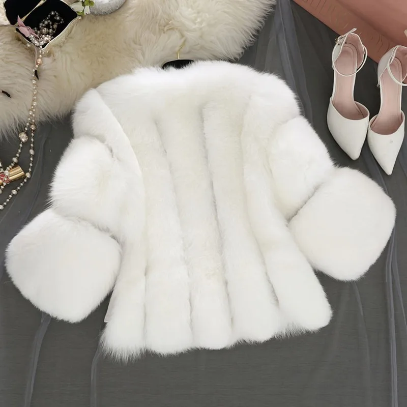 Меховое пальто, корейский большой размер, Лисий мех, искусственный мех, пальто, Короткое женское меховое пальто, семь точек, рукав, повседневная куртка из искусственного меха
