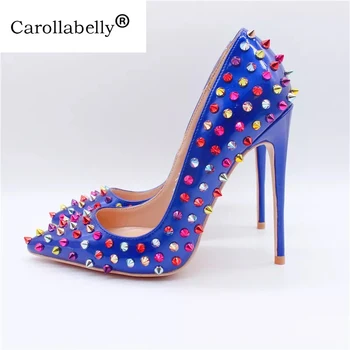 

Carollabelly New Pointed Toe Thin High Heels Women Sexy Rivets Spike Pumps Colored Studded Heels Blue Patent leather Shoes