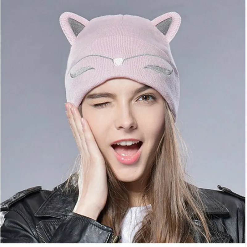 

2017 Fashion Warm Women Children Skullies beanies knitted Hats Fox Embroidery Ears Wool caps For girls Factory Direct selling