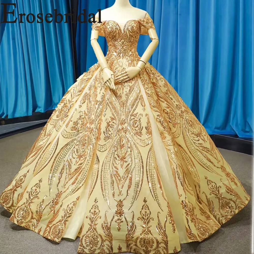 

Erosebridal New Arrival 2019 Gold Evening Dresses V-Neck Gown Long off the Shoulder Girl Formal Party Dress Lace robe de soiree