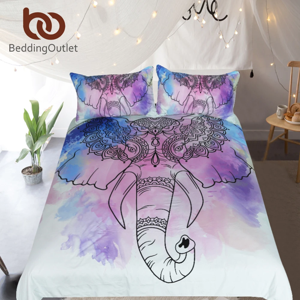 

BeddingOutlet Elephant Bedding Set King Watercolor Bohemian Duvet Cover Set Mandala 3pcs Animal Printed Exotic Bedclothes
