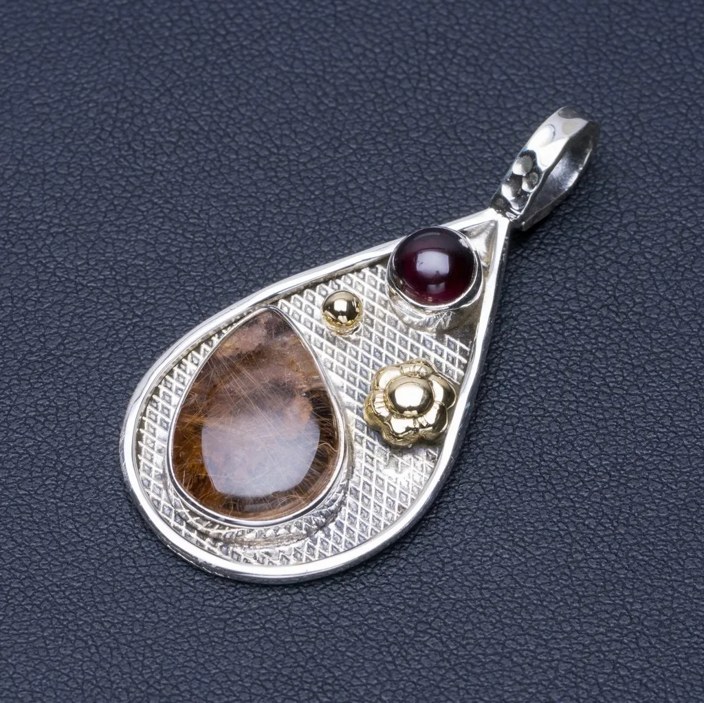 

Natural Two Tones Rutilated Quartz and Amethyst Punk 925 Sterling Silver Pendant 1 3/4" Q0519