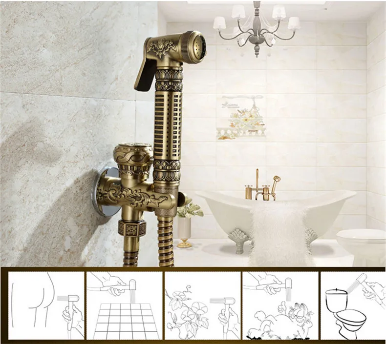 Antique Brass Bathroom Bidet Faucet Flower Carved Toilet Clearing Hand Shower Toilet Hand Held