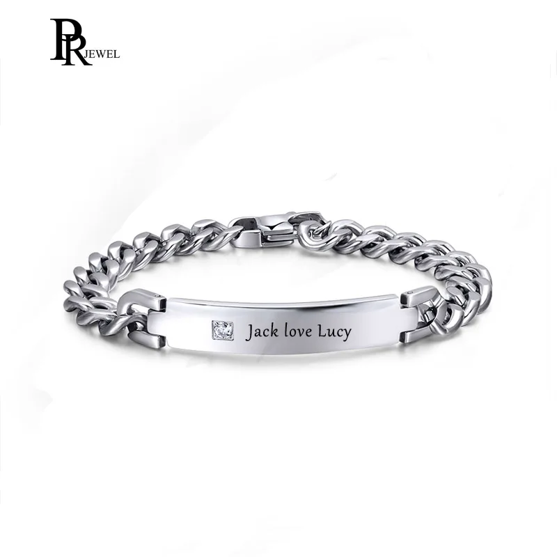 

Trendy CZ Stone Stainless Steel ID Tag Bracelet Accept Free Customized DIY Engraving