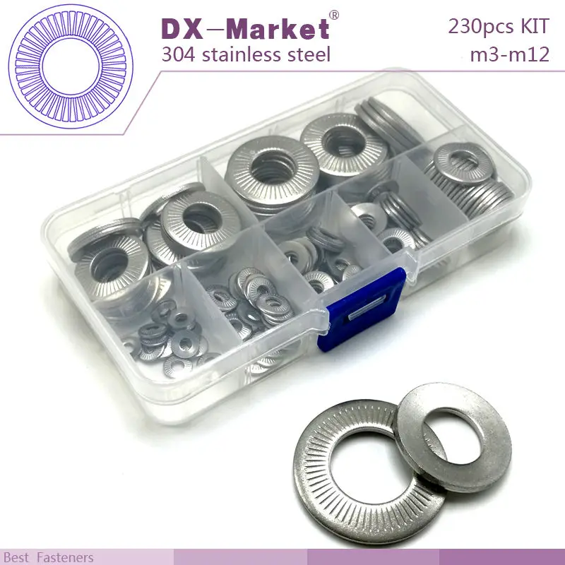 

m3-m12 , 230pcs/kit , 304 stainless steel NFE25511 french standard conical lock washer kit , High quality flat washers , T0141