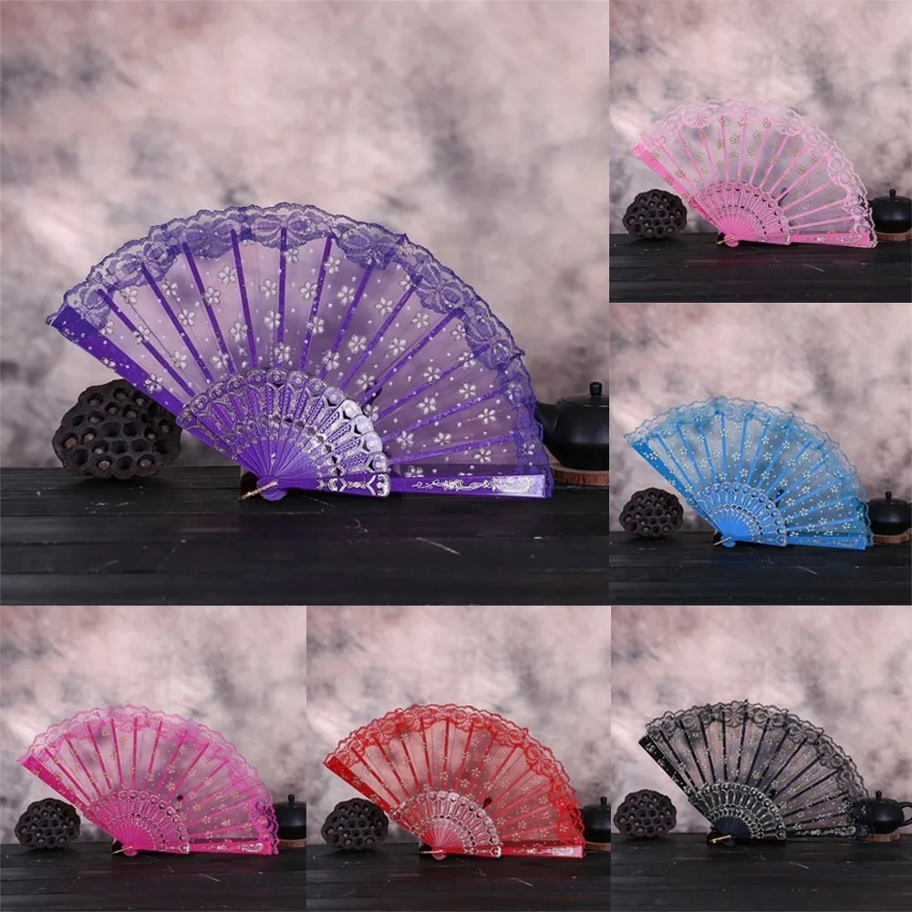 

Hot Sale Best Chinese Style Dance Wedding Party Lace Silk Folding Hand Held Flower Fan Decoration Gift Colorful Dropshipping