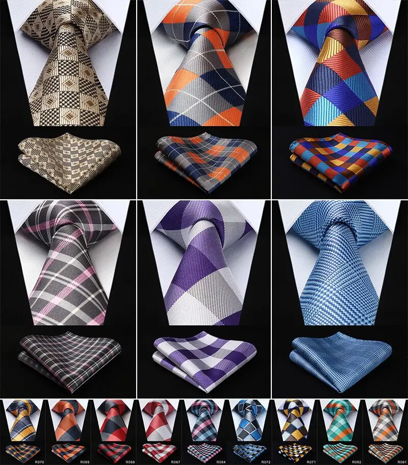 

Men Tie Necktie Pocket Square Classic Party Wedding Men's Fashion Check Plaid 3.4"Silk Woven Wedding Handkerchief Set#RC2