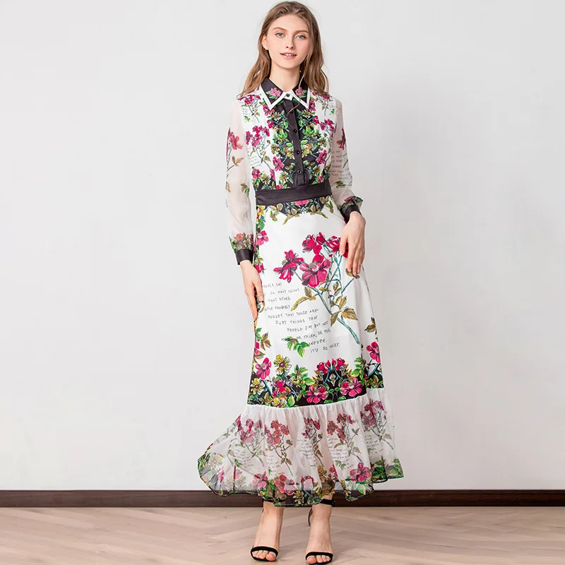 

Brand new design women's dress 2019 summer runways floral print long sleeves dress Chic maxi dress A326