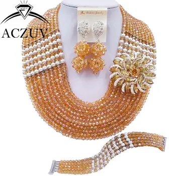 

ACZUV 10 Rows Champagne Gold African Beads Necklace Nigerian Wedding Bridal Crystal Jewelry Sets 10LBJZ025