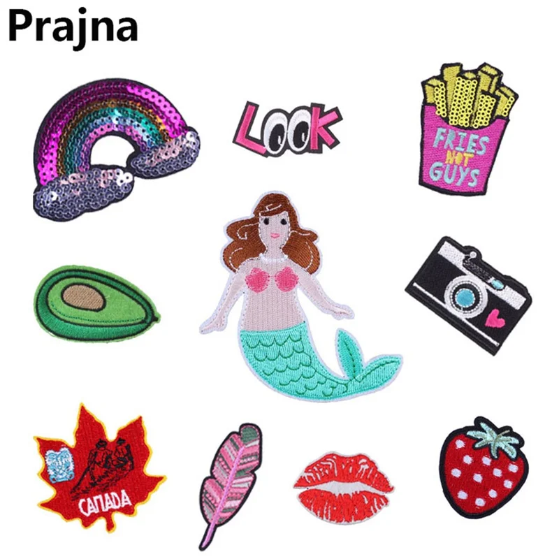 

Prajna Rainbow Lips Mermaid Cartoon Patch Iron On Badges For Clothes Cropped Patches Ironing Stickers DIY Clothing Accessories