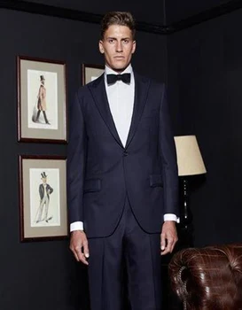 

New Design Wedding Suits For Men Blue Grooms Tuxedos Peaked Lapel Mens Suits One Button Back Vent Groomsmen(jacket+pants)