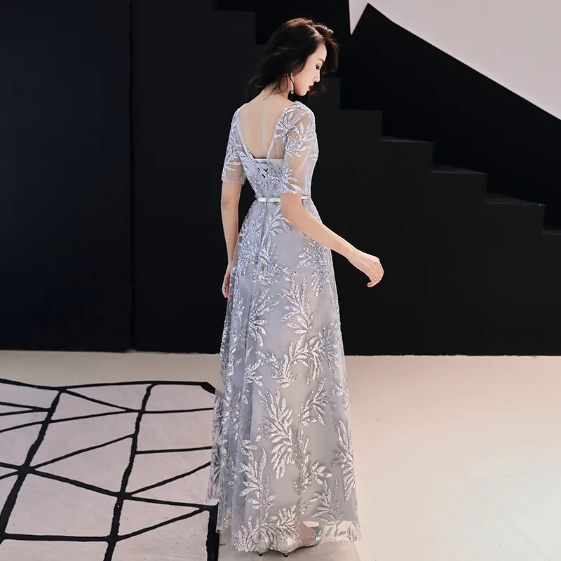 Robe De Soiree сексуальное ТРАПЕЦИЕВИДНОЕ кружевное вечернее платье с v-образным вырезом и коротким рукавом, модные длинные элегантные свадебные платья для гостей ES1410