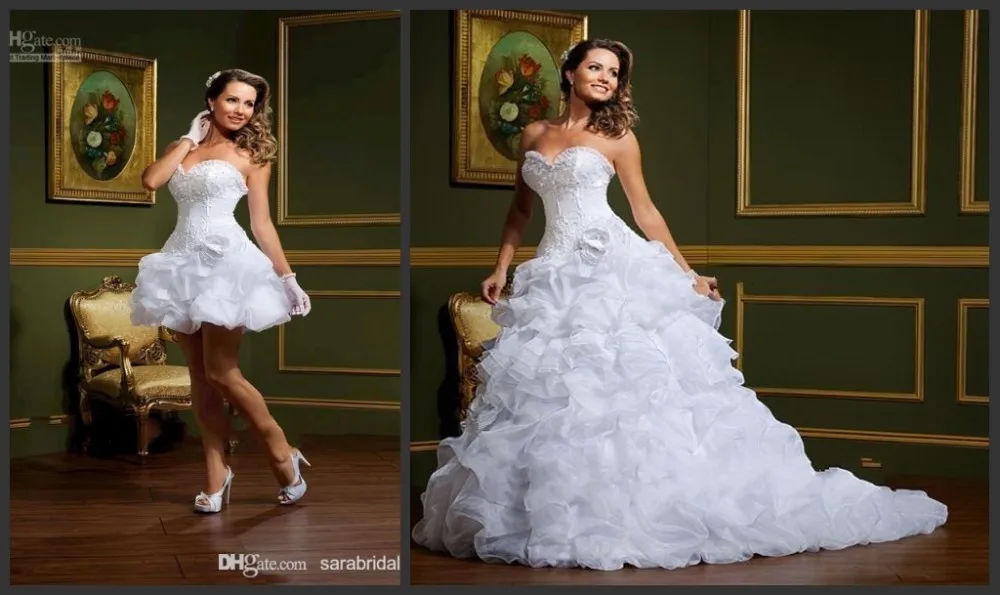

White Applique Wedding Dresses with Detachable Skirt A Line Tiered Buy one get Two Style Handmade Flower Bride Dress Organza