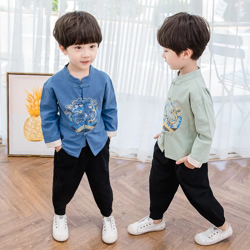 Kids Traditional Chinese Clothing Baby Boys Ancient Costumes Folk Dance Hanfu Stage Performance Boys Culture Tang Suit SL1076