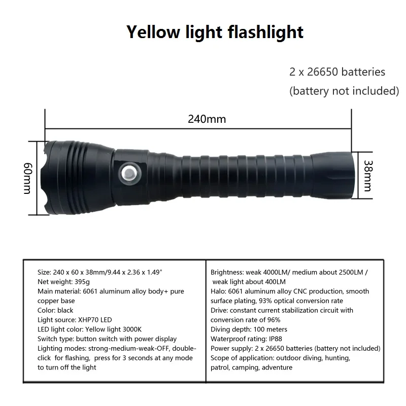  Super Brightness 4 mode 3000K Yellow light XHP70 LED diving flashlight 26650 Underwater 100m Scuba  - 32956161706
