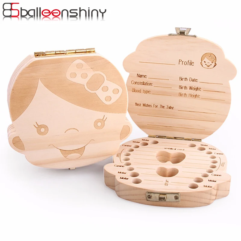 

BalleenShiny Wooden Tooth Storage Box English Spanish Russian French Text Newborn Milk Teeth Collection Box Kids Storage Gifts