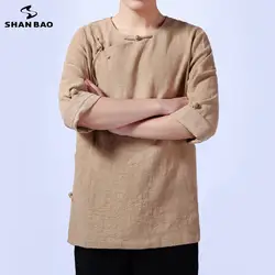 SHANBAO бренд высокого качества Льняная мужская футболка с длинными рукавами Китайский Ветер Кнопка 2019 Осень Повседневная Свободная футболка