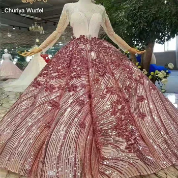 

LSS248 luxury dubai shiny dresses women occasion o-neck long sleeves see-through ball dresses evening curve shape floor length