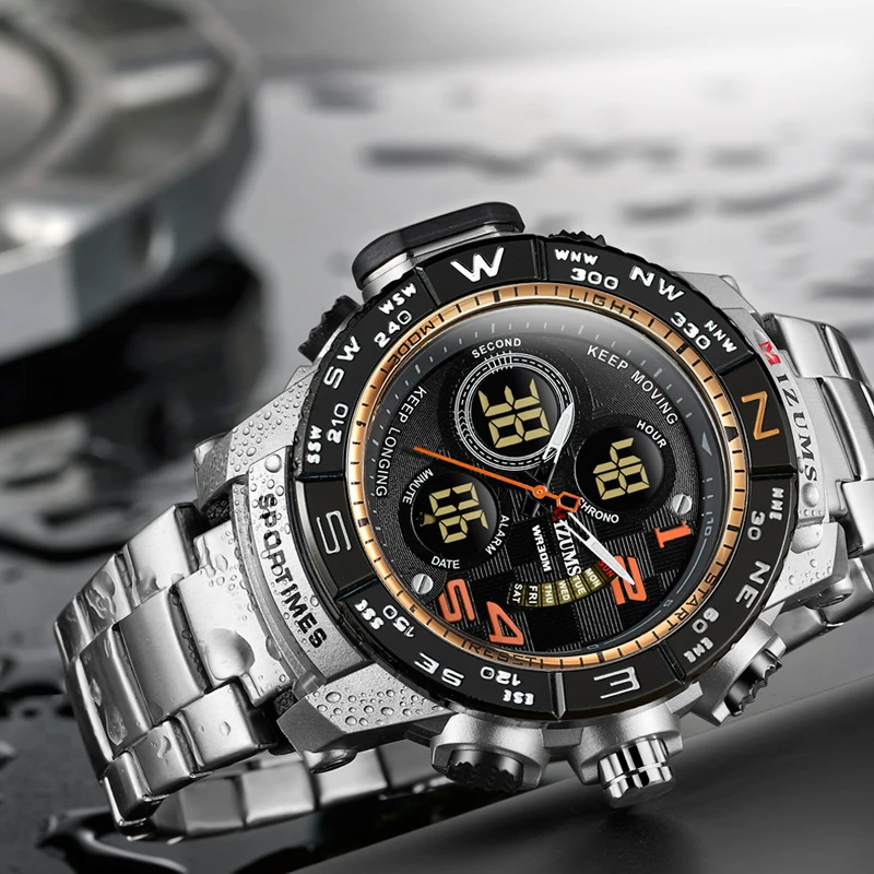 brave for men cool big case golden steel band dual time zones watches for men led digital quartz mens watches free shipping  (9)