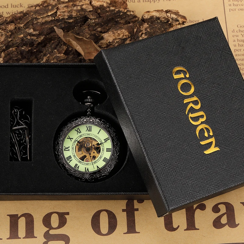 Черные римские цифры Механические карманные часы Для мужчин Для женщин резьба Ретро прозрачный Стекло с цепочкой Роскошные Винтаж часы