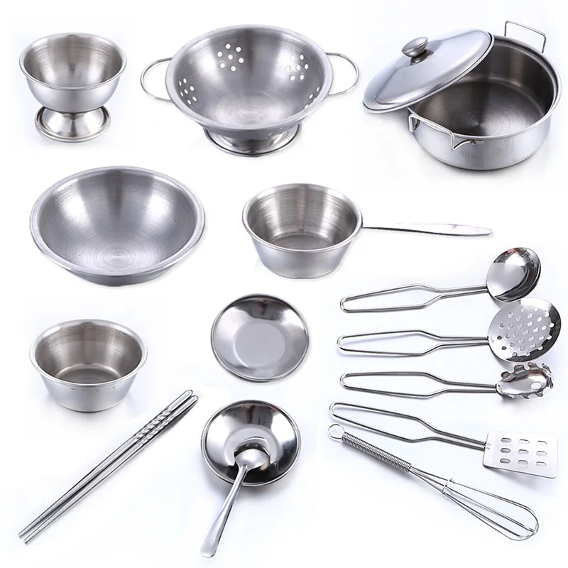 

Kids Stainless Steel Kitchen Cooking Utensils Pots Pans Food Gift Miniature Kitchen Tools Set Simulation Play House Toys