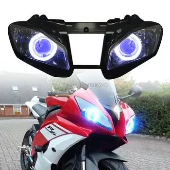 

Motorcycle 35W HID White Angel Blue Demon Eyes Projector Headlight Fits For Yamaha YZF R6 2008-2015 2009 2010 2011 Headlamp New