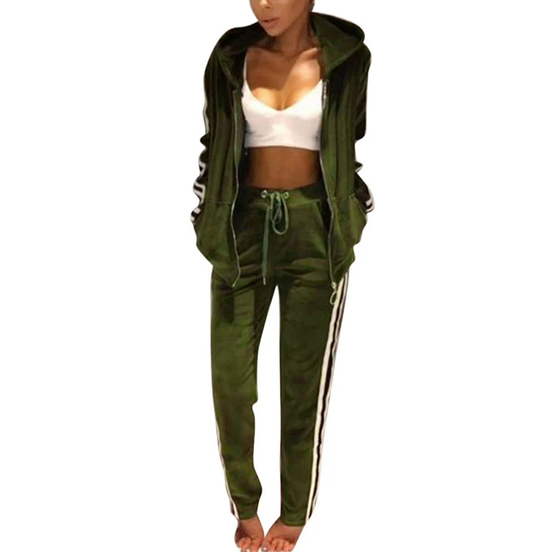 Loozykit женский полосатый теплый свитер с золотой молнией и брюки, комплект спортивной одежды для бега, спортивный костюм с длинным рукавом для фитнеса - Цвет: army green
