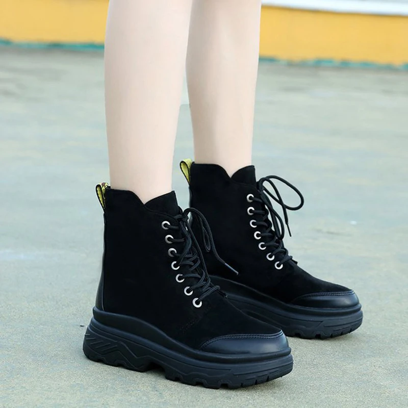 

BZBFSKY Woman Flat Ladies Booties Bottes Femme Round Toe Women Ankle Boots Black Military Combat Boots Winter Platform Shoes
