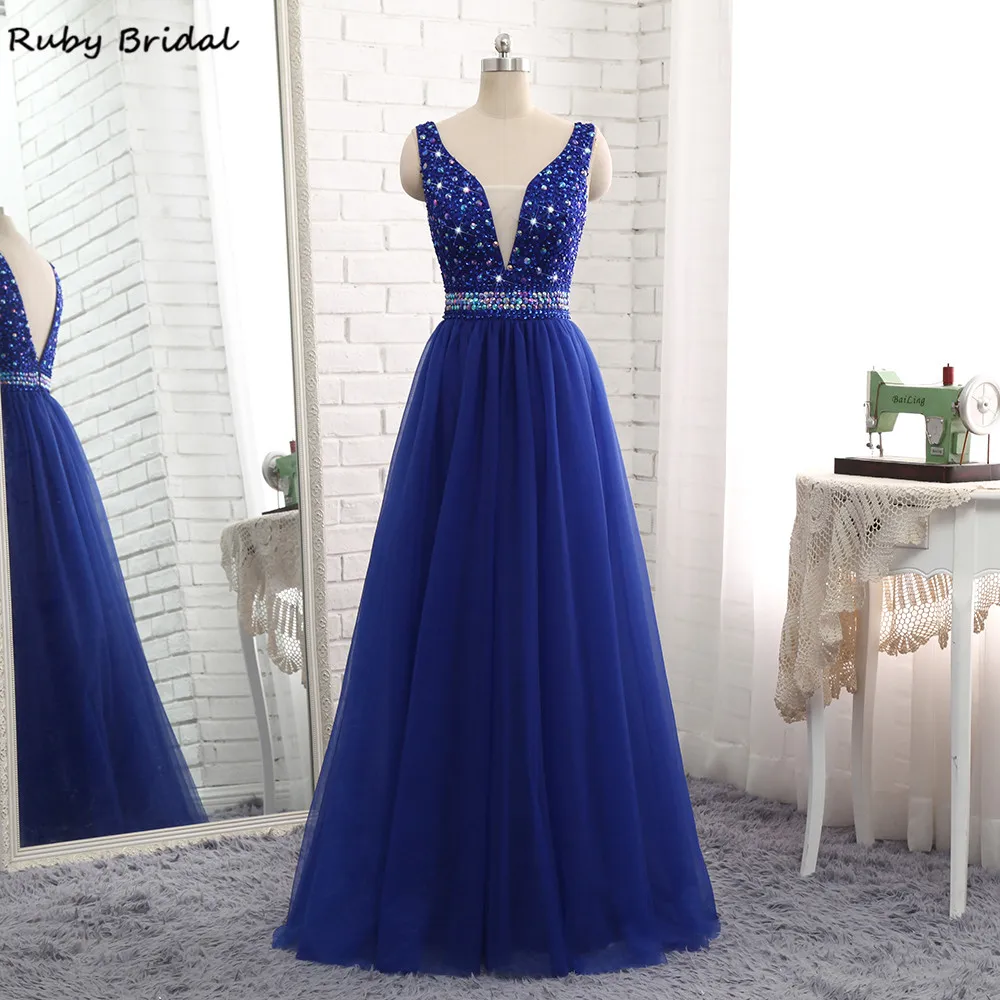 

Ruby Bridal Vestido De Festa Long Royal Blue Evening Dresses Tulle Beaded Top Luxury A-line CheapV-Back Party Prom Gown P116