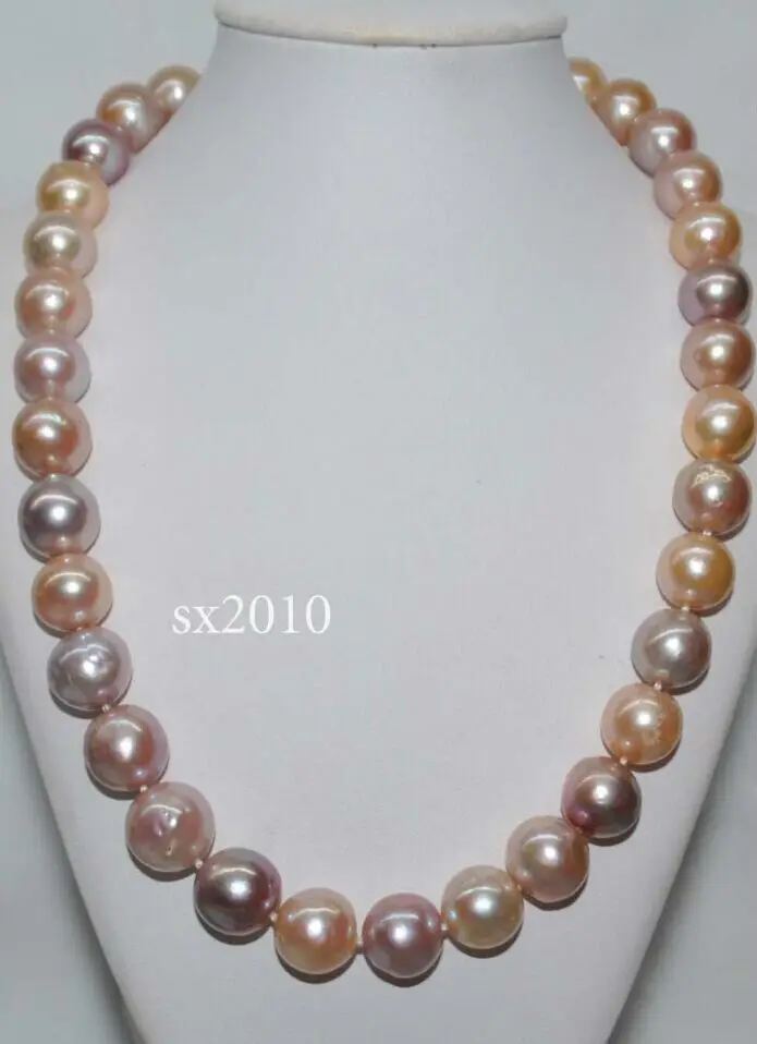 

12-13MM NATURAL ROUND SOUTH WHITE PINK PURPLE PEARL NECKLACE14KGP