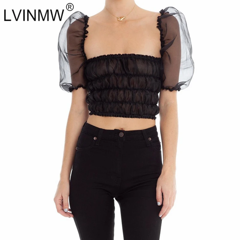 LVINMW, сексуальный сетчатый топ с пышными рукавами, из кусков, просвечивается, женский топ для вечеринки, клуба, с вырезом лодочкой, с рюшами, с открытой спиной, футболка, новинка, футболки